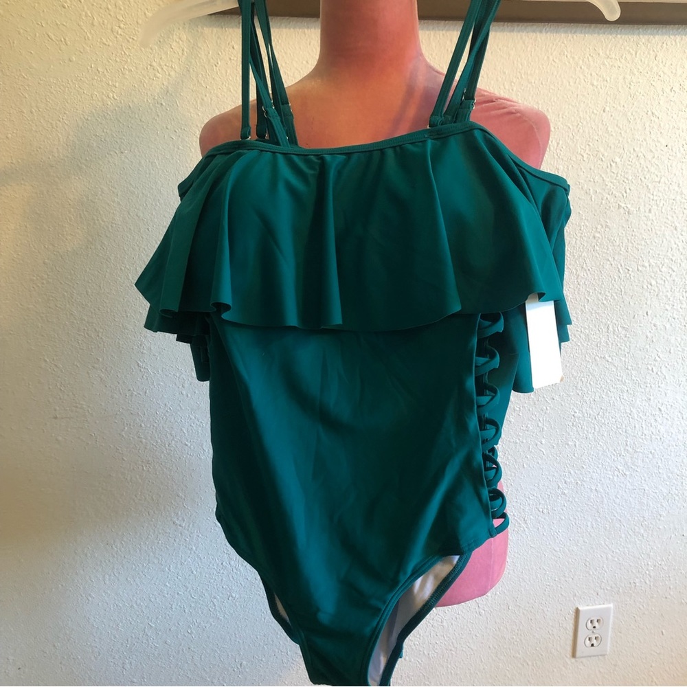Teal cold shoulder swim one pc size small new